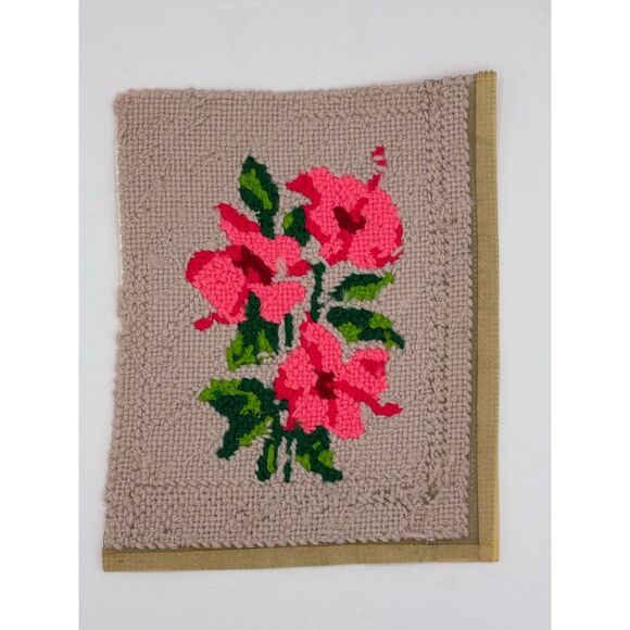 Vintage Unframed Needlepoint Picture Pink Flowers 70s Decor - Picture 2 of 5